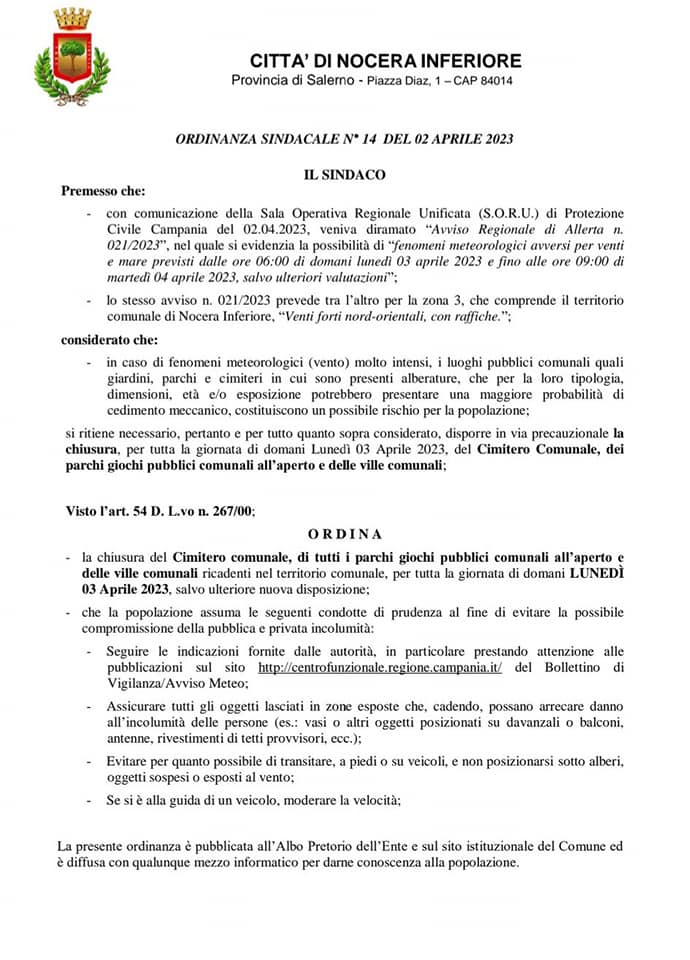 ORDINANZA SINDACO DI NOCERA INFERIORE.